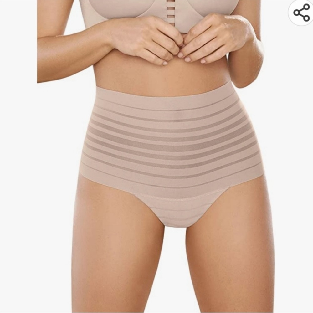 Leonisa Lace Stripe High Waisted Compresion Cheeky Panty Beige Size XL